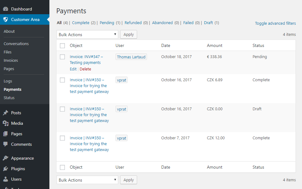 WP Customer Area New payments listing page
