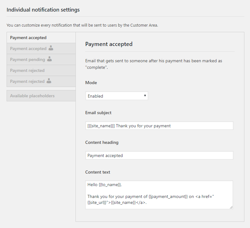 WP Customer Area Payments notifications