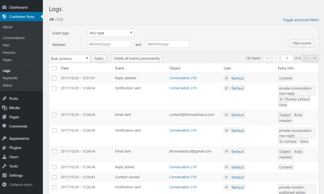 WP Customer Area Actions logs