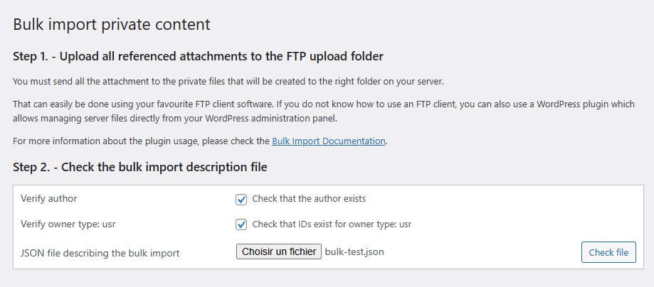 Uploading the JSON file into the Bulk Import form