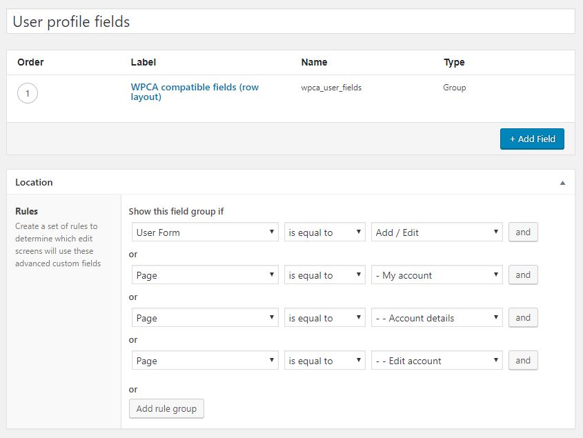 ACF location rules for user profiles fields