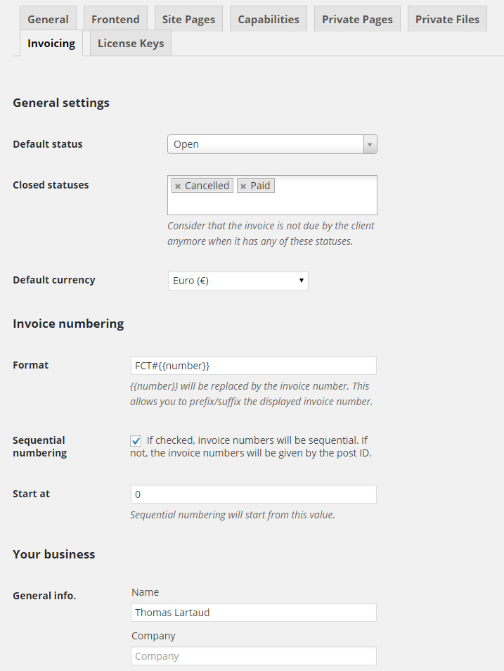 Settings page for the Invoicing add-on