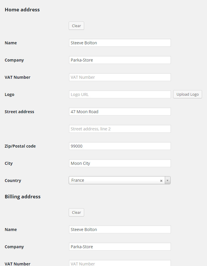 User profile page with new home address and billing addresses