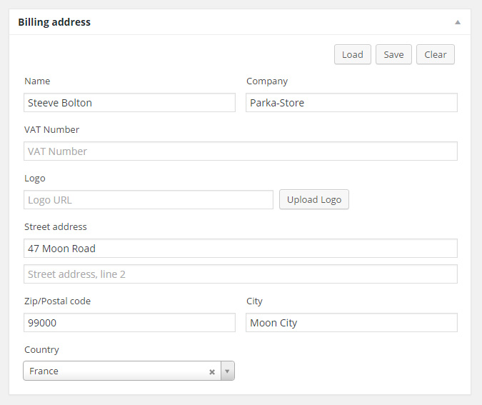 Click on the “Load” button to grab billing address datas from the user profile.