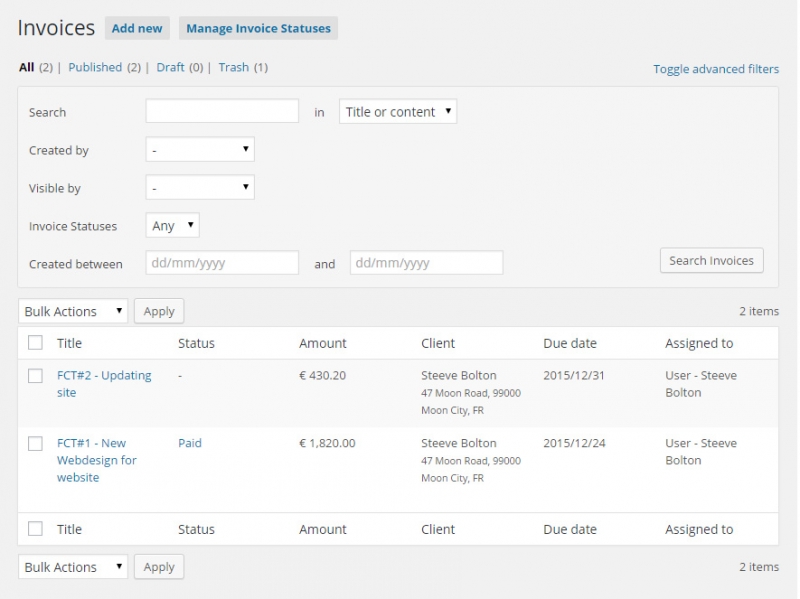 Invoicing - the invoice management panel