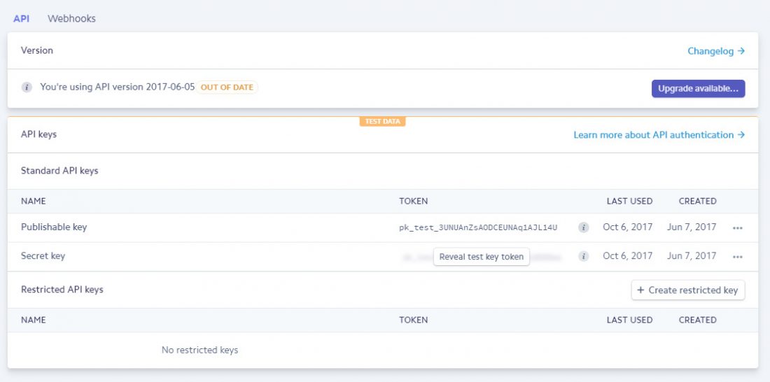 Stripe account API Keys