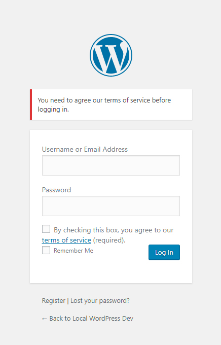 Terms Of Service - Login default page